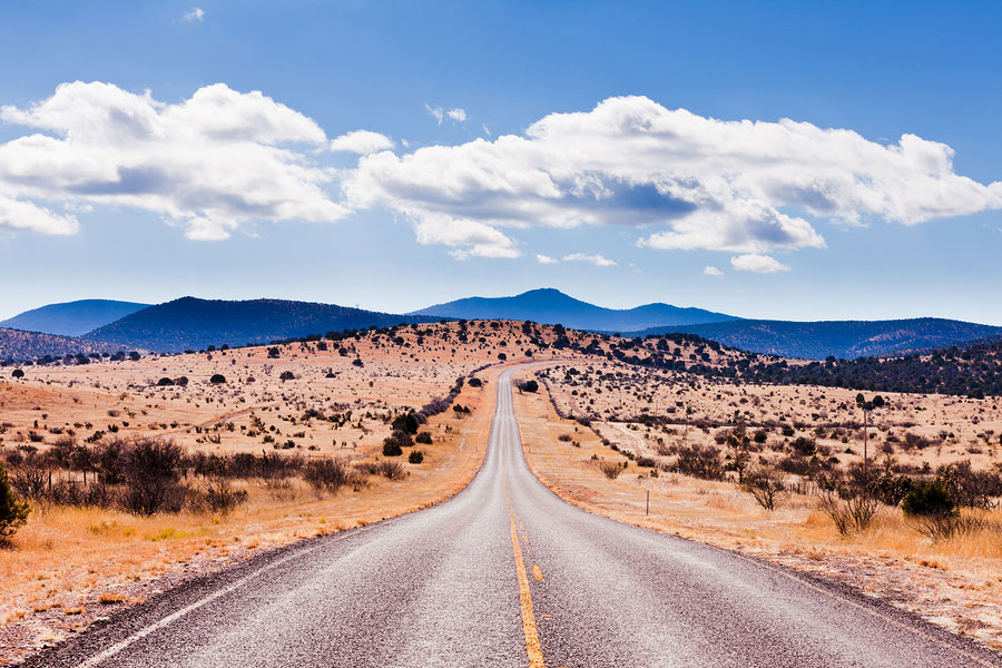 Straight road to horizon in high desert landscape
